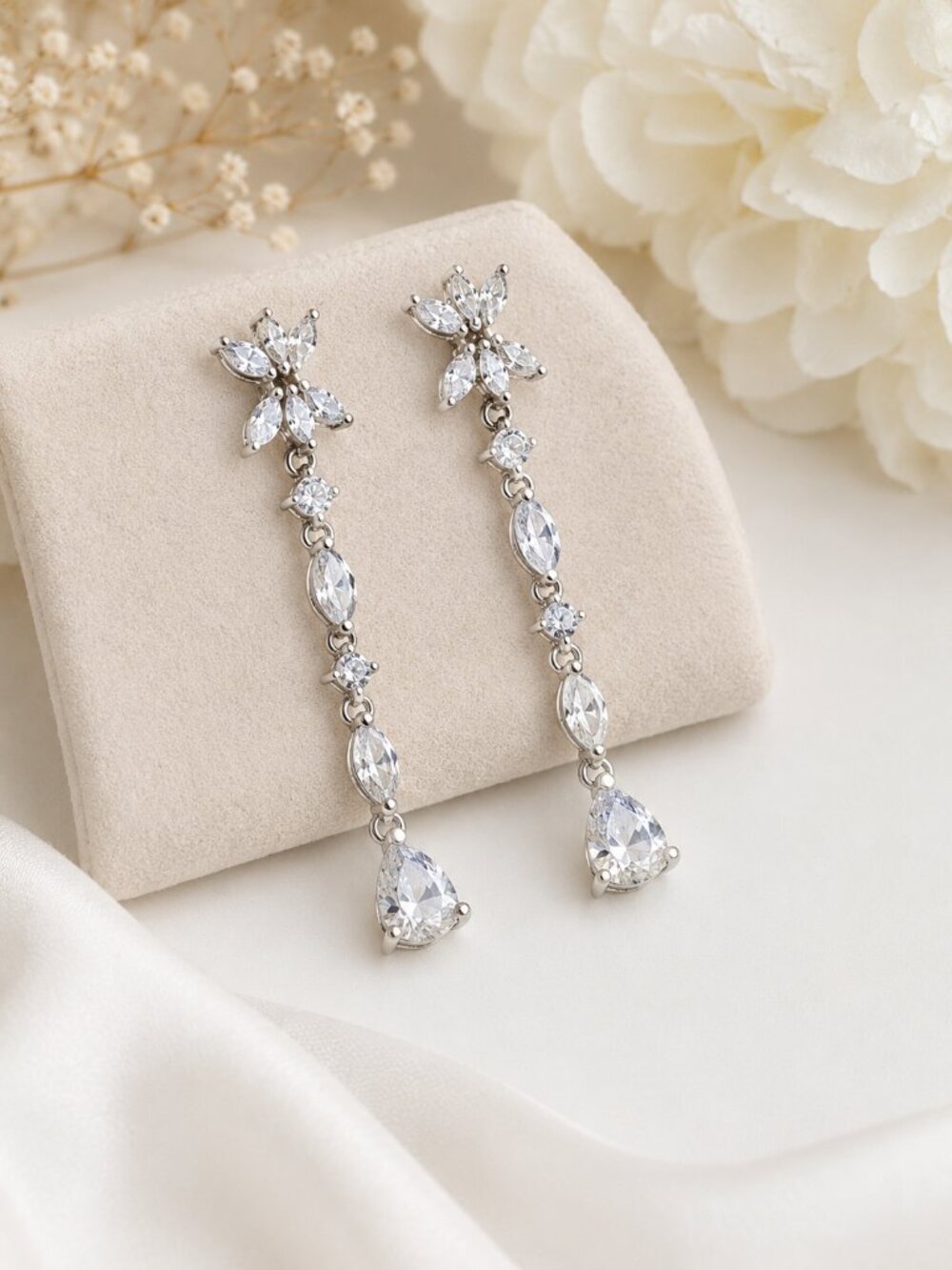 Sterling Silver 925 Italy CZ Drop Dangle Earrings Marquise Pear Bridal